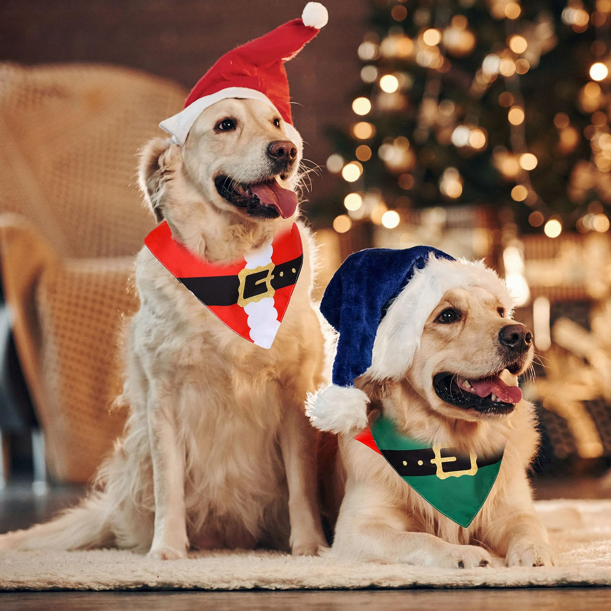 2Pcs Christmas Dog Bandanas in Santa and Elf Designs