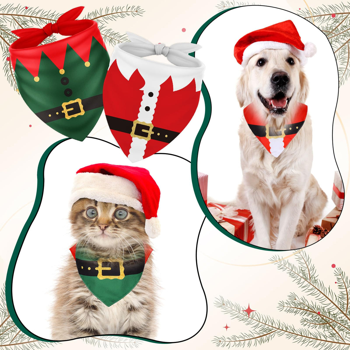 2Pcs Christmas Dog Bandanas in Santa and Elf Designs